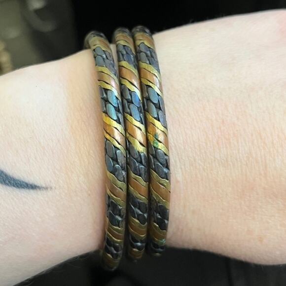 Vintage Set of 3 Metal Tribal Bracelets Copper Brass Black Adjustable B2 - Picture 1 of 7
